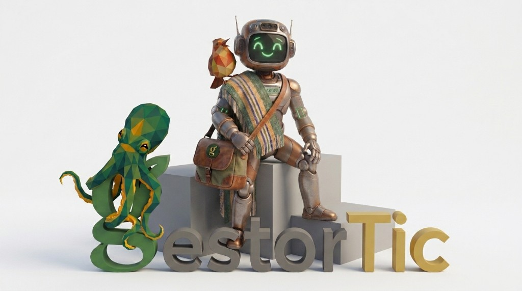 Ilustración gestorTic: robot, pulpo y wordmark