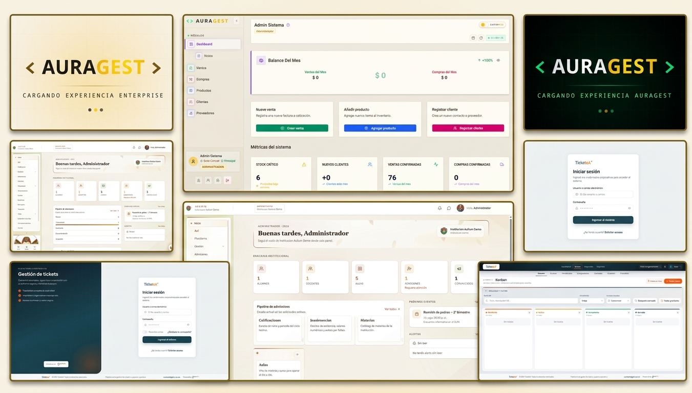 Productos gestorTic: AuraGest, TicketeA y Aulium en pantallas de gestión