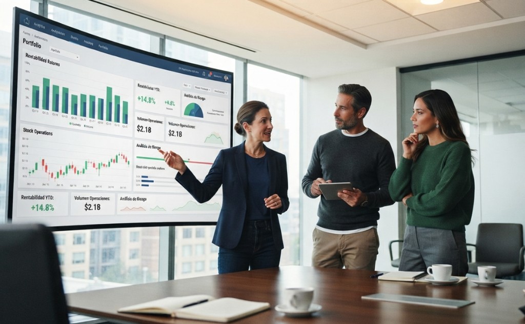 Equipo revisando un dashboard de gestión en una reunión de trabajo